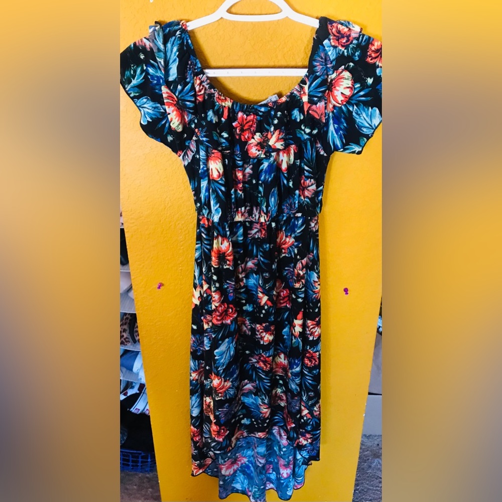 Dark floral dress, slightly off shoulder style